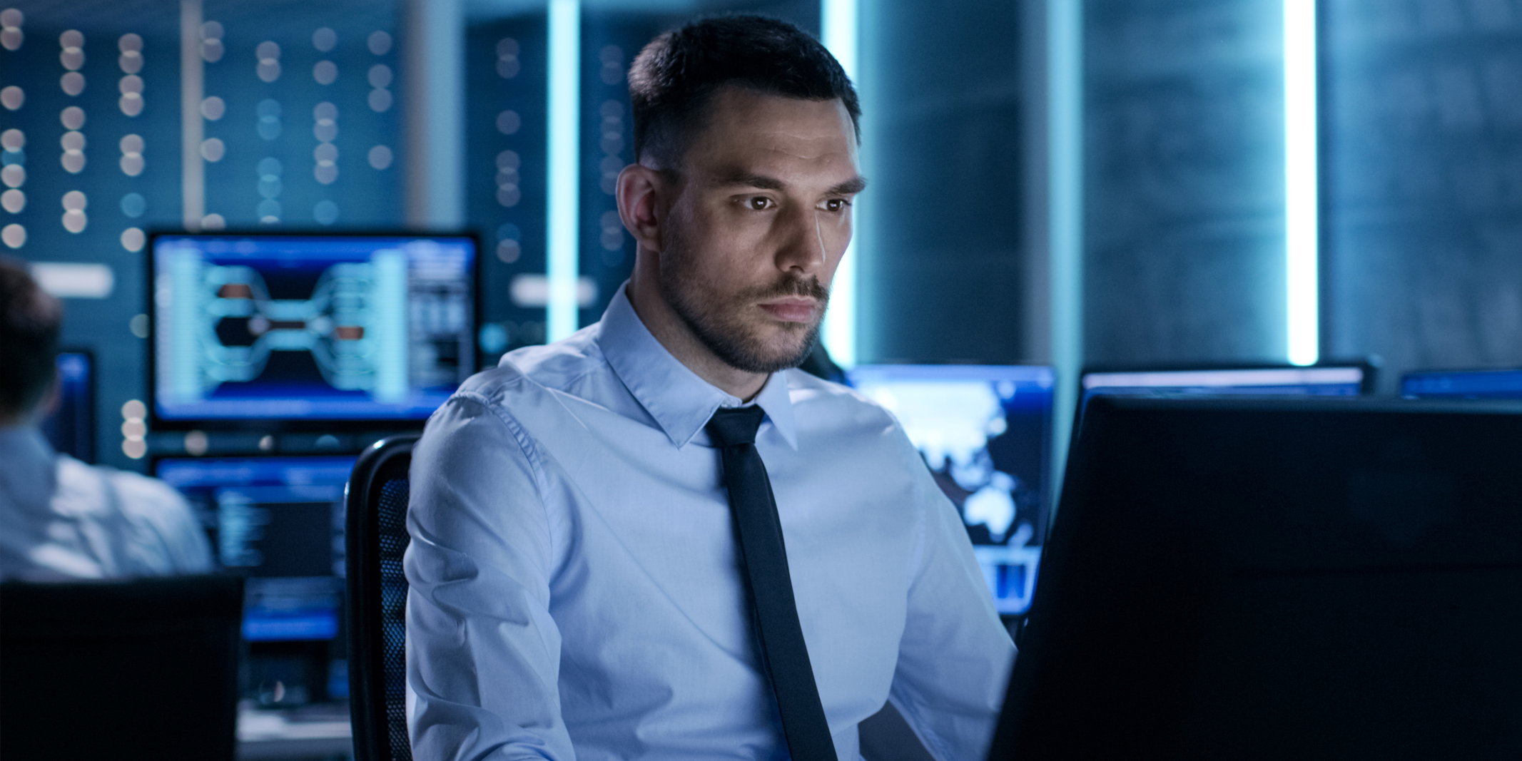 cyber security employee reviewing company data